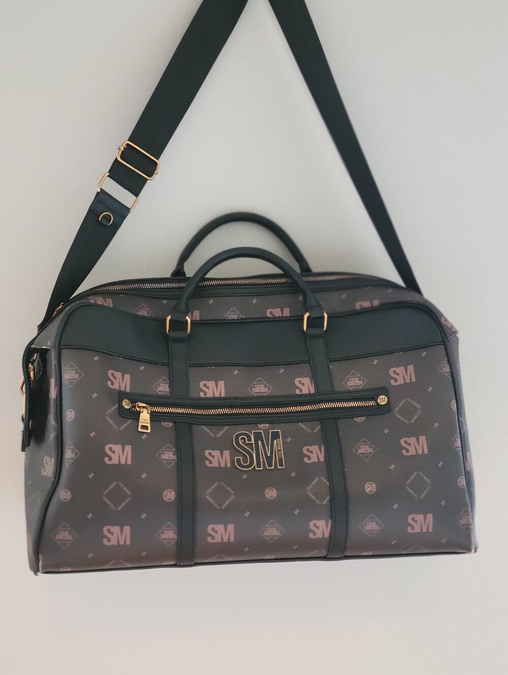 Steve Madden Monogram Faux Leather Brown Tan Weekender Duffel Bag, 20 X 12 X 9"